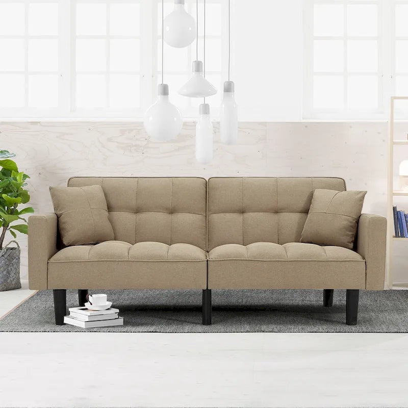 Convertible Futon Sofa Bed with Adjustable Backrest, Side Pockets & 2 Pillows