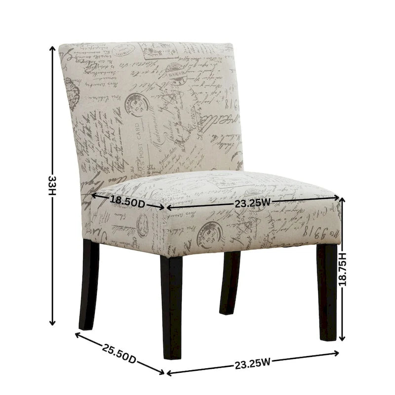 French Script Upholstered Accent Chair | Taupe & Cream | Espresso Legs | 23.25W