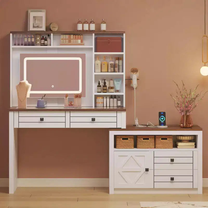 Vanity Desk with Glass Top, Touch Screen Mirror, Charging Station, 5 Drawers & 6 Open Shelves, Antique White