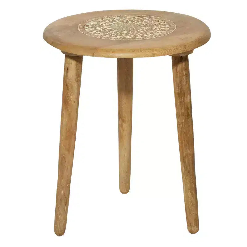 Traditional Mango Wood Carved Tripod Accent Table, Brown, Handcrafted
