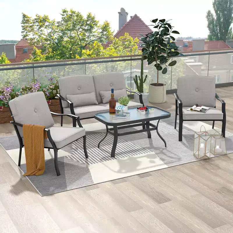 Costway 4 PCS Patio Furniture Set Outdoor Conversation Sofa Tempered Glass Coffee Table Navy/Grey