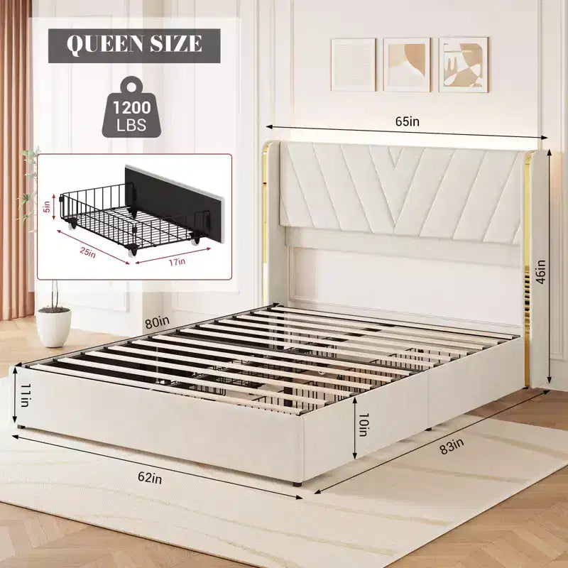 Upholstered LED Bed Frame 1200 LBS, RGB Lights with Remote, Wingback Foam Headboard, Gold Metal Trim & 4 Storage Drawers Noise-Free Easy Install