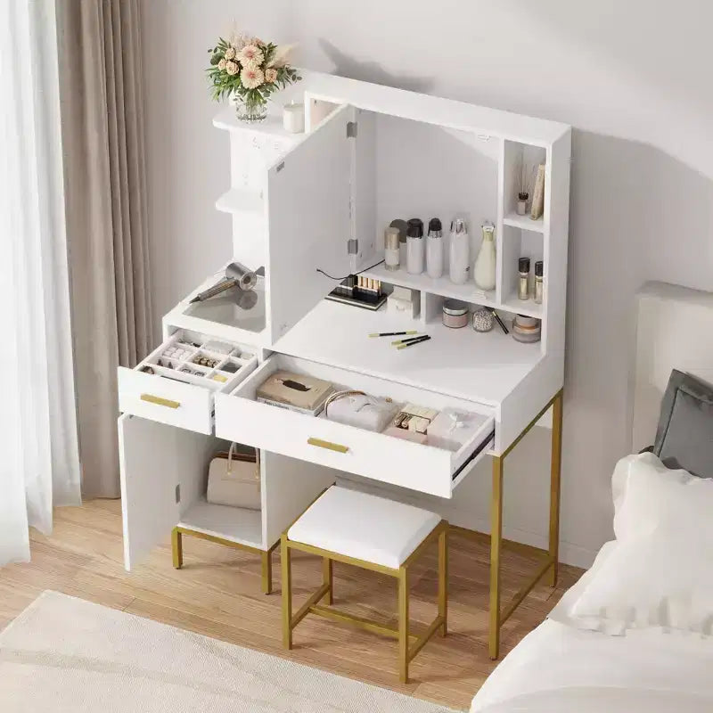 Makeup Vanity Desk, Adult Dressing Table, Vanity Desk with Lights in 3 Colors, Charging Station, Drawers, for Bathroom, Bedroom, White