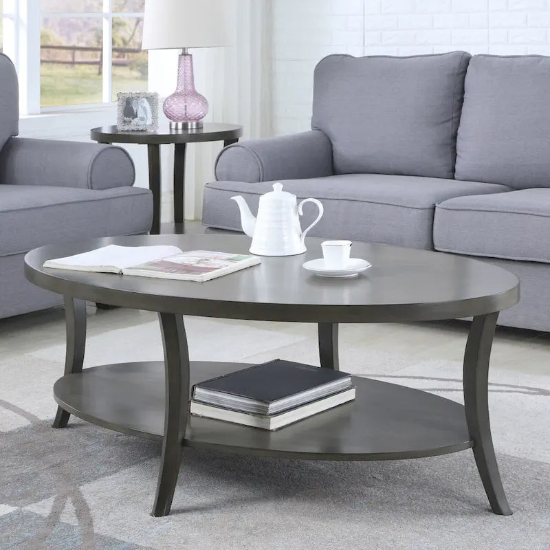 Oval Birch Wood Veneer Coffee Table with Lower Shelf