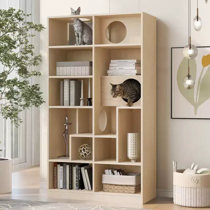 2 in 1 Bookshelf Cat House Cat Tree Display Case Cat Litter Box Enclosure Climbing Shelf Bookcase Storage Rack, Natural - ModernLuxe