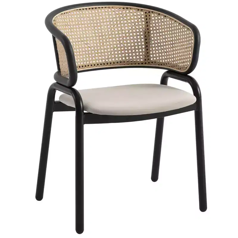 Modern Dining Chair with Black Frame, Velvet Seat & Rattan Back, for Kitchen, Dining Room, Office or Lounge