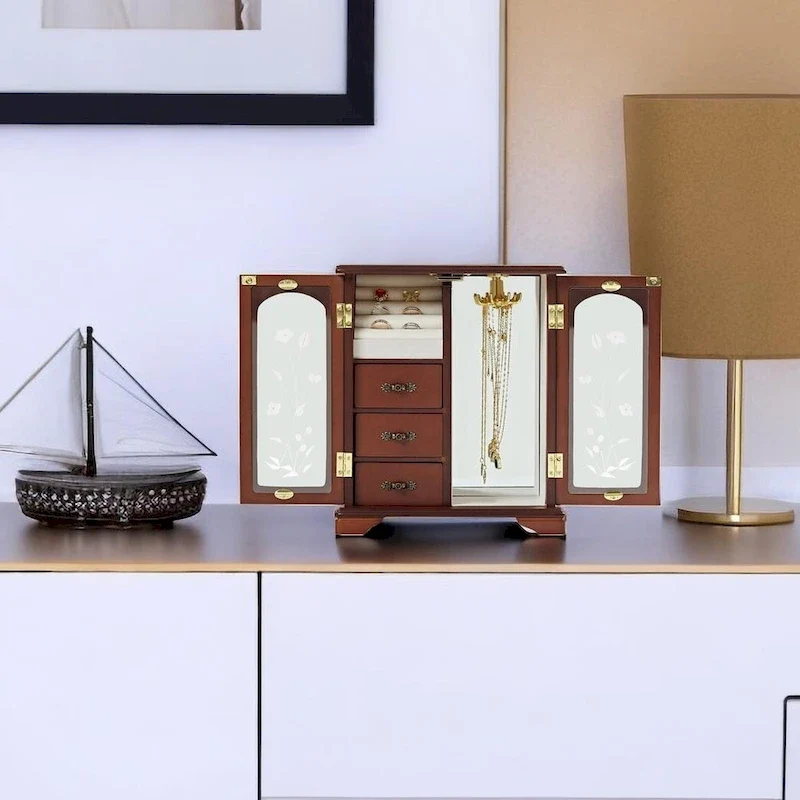 Solid Wood Jewelry Box with 3 Drawers, Necklace Carousel & Mirror, Brown, 10x5.2x11.7in Organizer