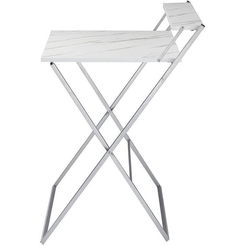 Foldable 2-Tier Compact Computer Desk, Marble Top, Silver Frame, No Tools Assembly