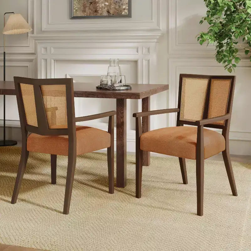 Christopher Knight Home Set of 2 Nolan Rubberwood Upholstered Dining Arm Chairs with Cane Webbing Caramel/Walnut