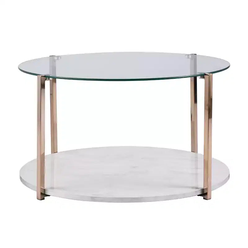 Round Glam Cocktail Coffee Table �C Gold Frame & Tempered Glass Top