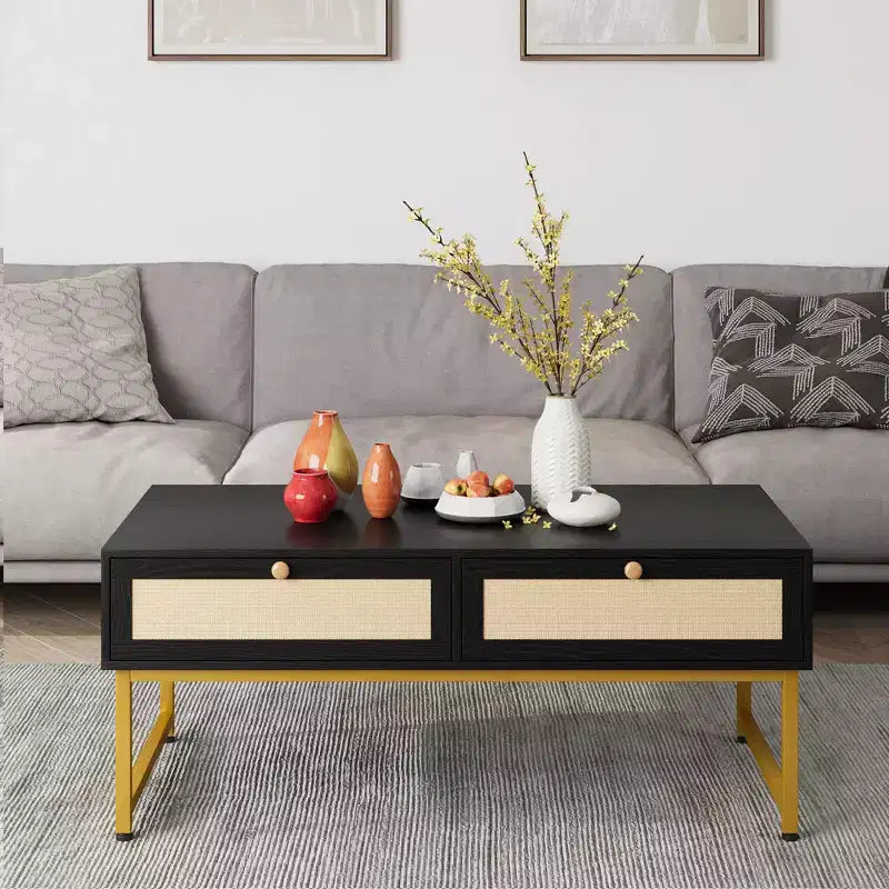 Rattan Coffee Table with 2 Drawers and Wood Top, 45.6 Inch