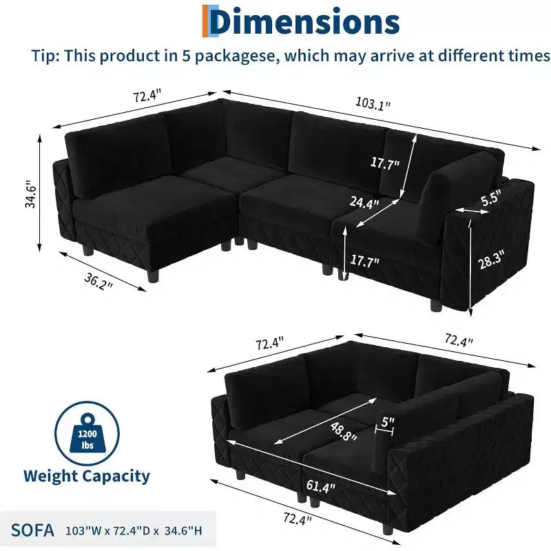 Acekool 134 Modular Sectional Sofa, 4-Seat L-Shaped Velvet Couch with High-Density Cushions, Upholstered Cloud Sofa,Black