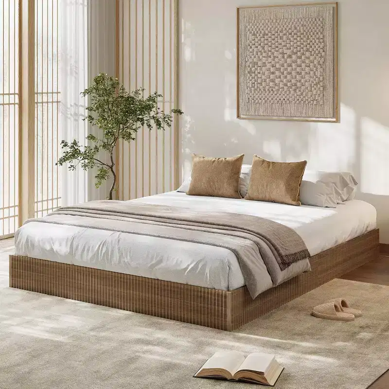 Platform Bed Frame with Fluted Design & Integrated Storage Box, No Box Spring Needed