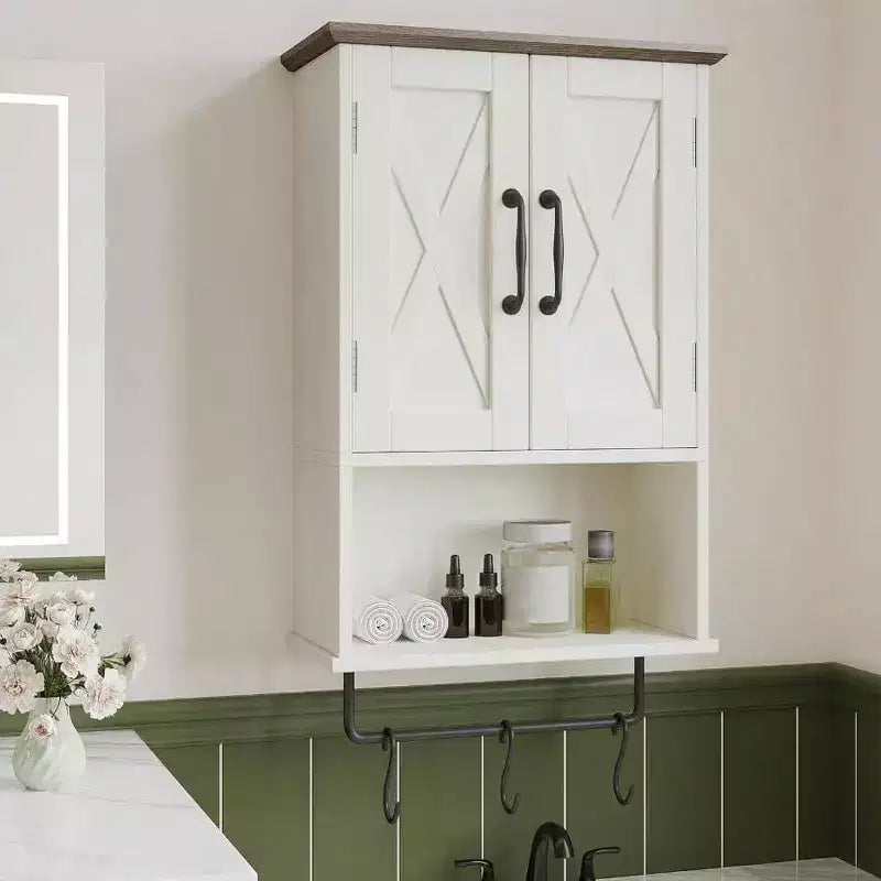 Farmhouse Cabinet Bathroom Wall Cabinet with Adjustable Shelf Towel Bar 3 Hooks Over Toilet Storage Cabinet 19.3''L Antique White Brown