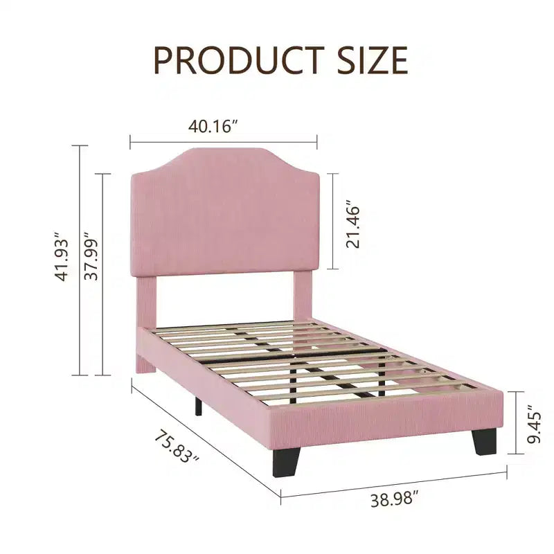 Twin Size Velvet Bed Frame, with Soft Corduroy Upholstered, Durable Wooden Slats and Noise Free Support, No Box Spring Needed, Pink