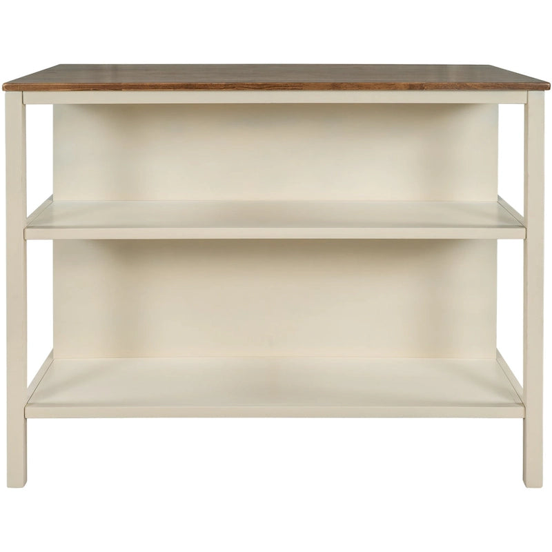 Tan Rustic Solid Rubberwood Stationary Kitchen Island with 2 Open Shelves