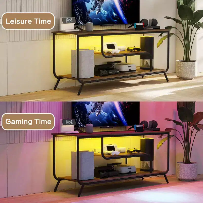 TV Stand with LED Lighting and Built-in Power Strip, Fits TVs up to 55 Inches