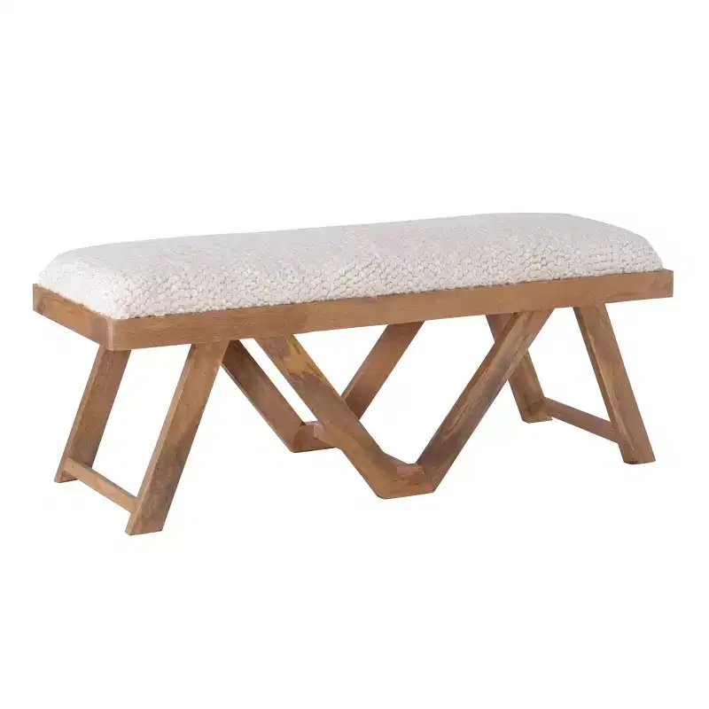 Boho Solid Mango Wood Bench Textured Cream Fabric Upholstered Bench Brown