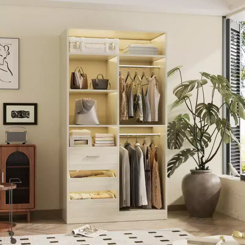 Besiost 36-In Closet Organizer with Wood Drawers, Freestanding Closet System with Hanging Rods