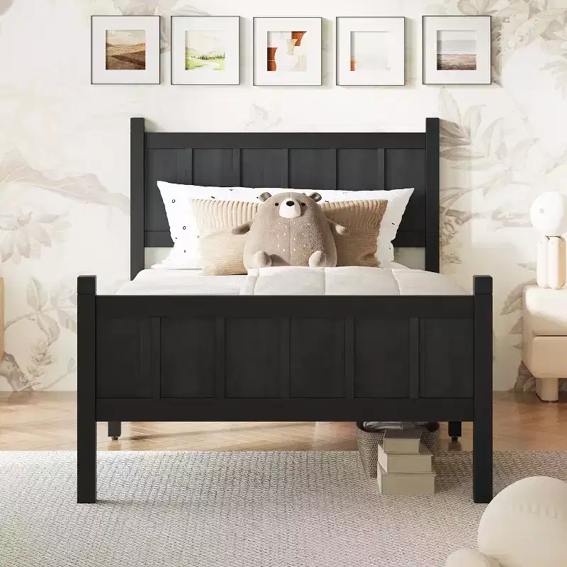 Twin/Full/Queen Size Bed Frame with Headboard & Footboard, Farmhouse Platform Bed, Wood Slats Support, Walnut