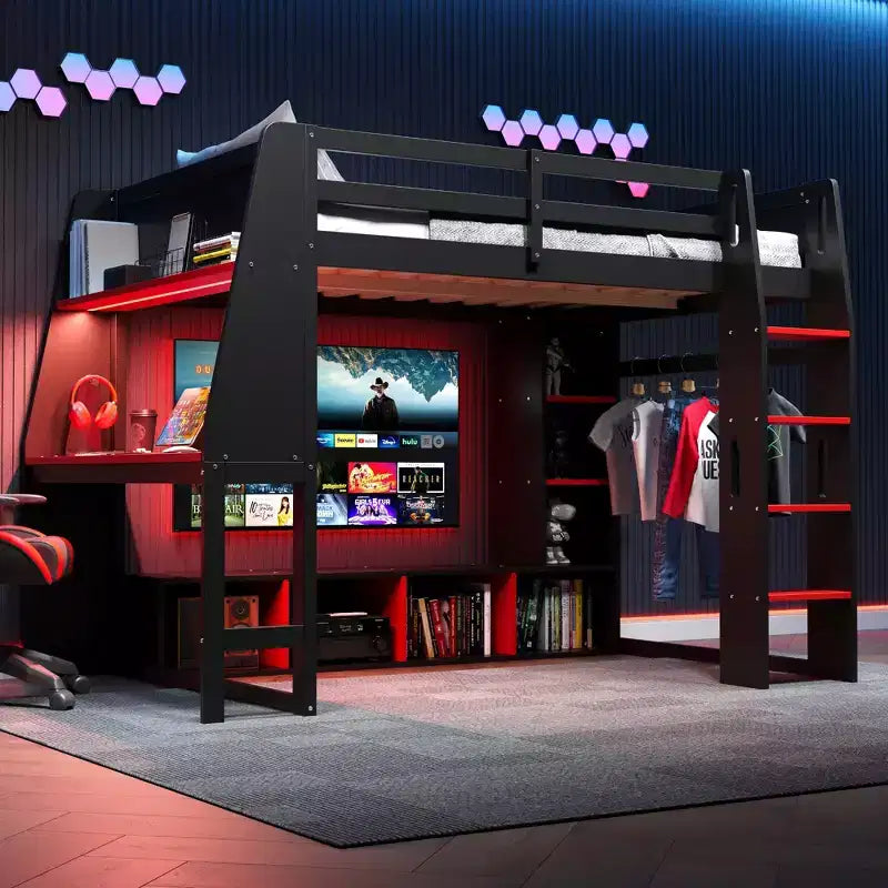Twin/Full Size Gaming Loft Bed with Desk, LED Lights, Storage Shelves & Hanging Clothes Rack