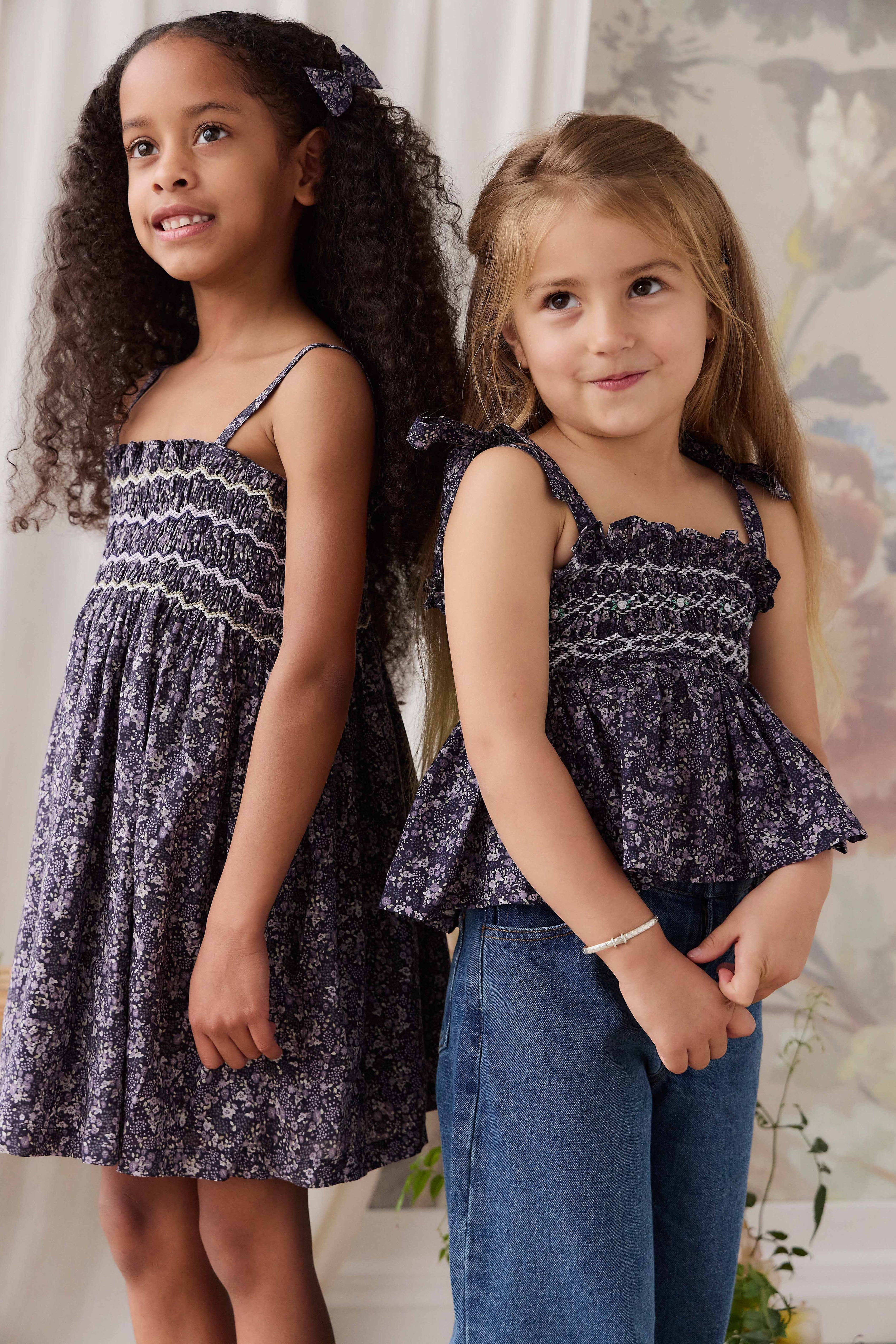 Boho Deep Base Violet Floral Print Organic Cotton Dress with Shirred Bodice & Fine Shoulder Straps for Girls Summer Outings (6M�C10Y)
