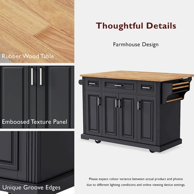 54  Large Kitchen Island with Rubber Wood Drop Leaf, Embossed Texture Rolling Kitchen Cart on 4 Wheels with 4 Doors & 3 Drawers