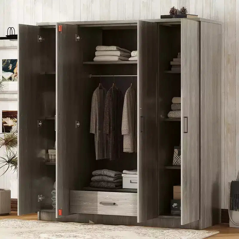 Wood 4-Door Wardrobe Armoire with Hanging Rod, 1-Drawer and Storage Shelves