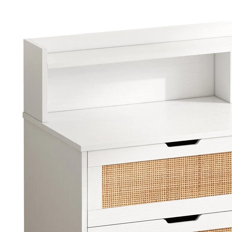 Bohemian Rattan 6-Drawer Sideboard Buffet with Adjustable LED Lights & Power Outlet