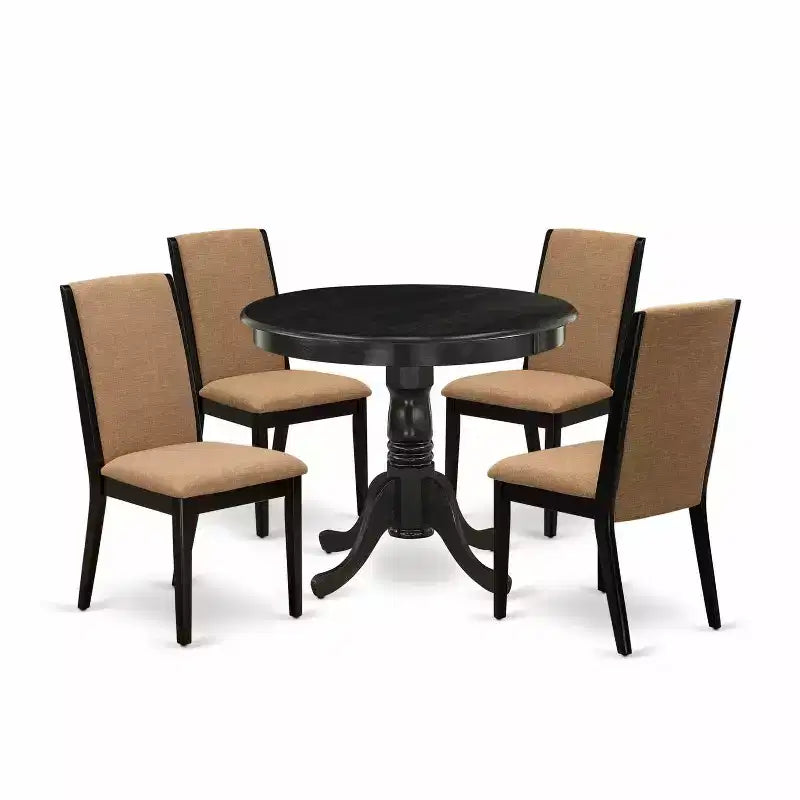 5-Piece Round Wirebrushed Black Finish Solid Wood Top Dining Table with 4 Parson Chair