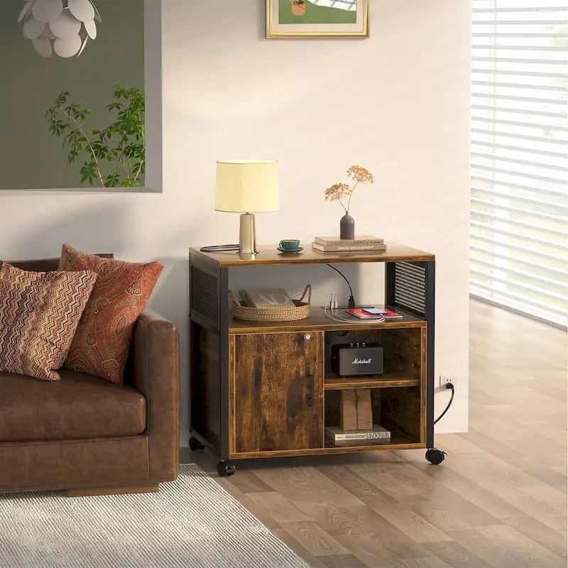 Rolling File Cabinet Lateral Office Filing Cabinets with Charging Station,Modern Printer Stand on Wheels