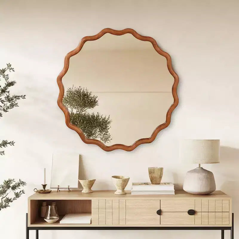 36 in. Natural Wood Color Wavy Round Solid Wood Frame Wall Mirror for Bathroom Vanity, Wooden Farmhouse Decorative Mirror for Home