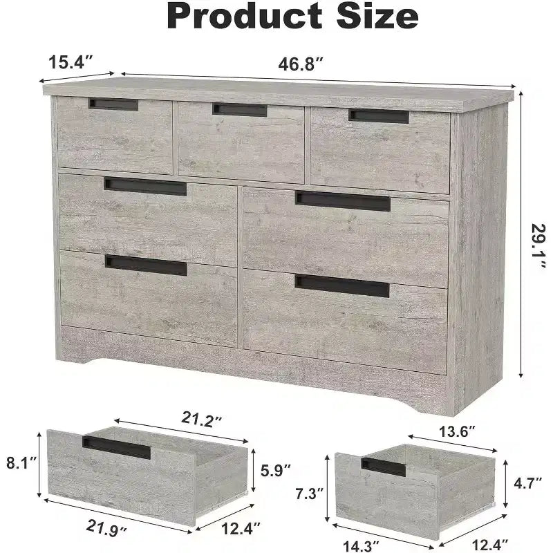 7-Drawer Dresser for Bedroom, Modern Gray Chest with Recessed Handles, Wooden Storage Organizer for Living Room, Nursery, Hallway, or Entryway