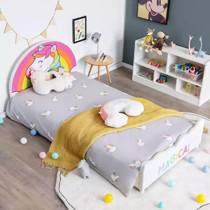 Costway Kids Upholstered Platform Bed Children Twin Size Wooden Bed Unicorn Pattern