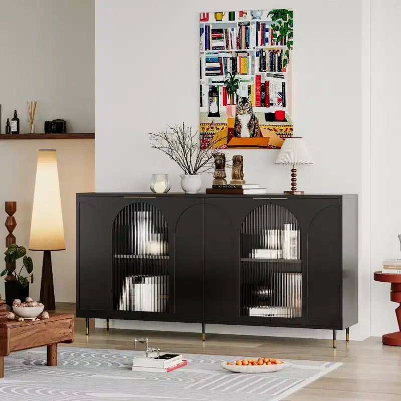 Accent Cabinet Lacquered Wooden Cabinet with 4 Glass Doors Sideboard Buffet Server Cabinet Storage Cabinet