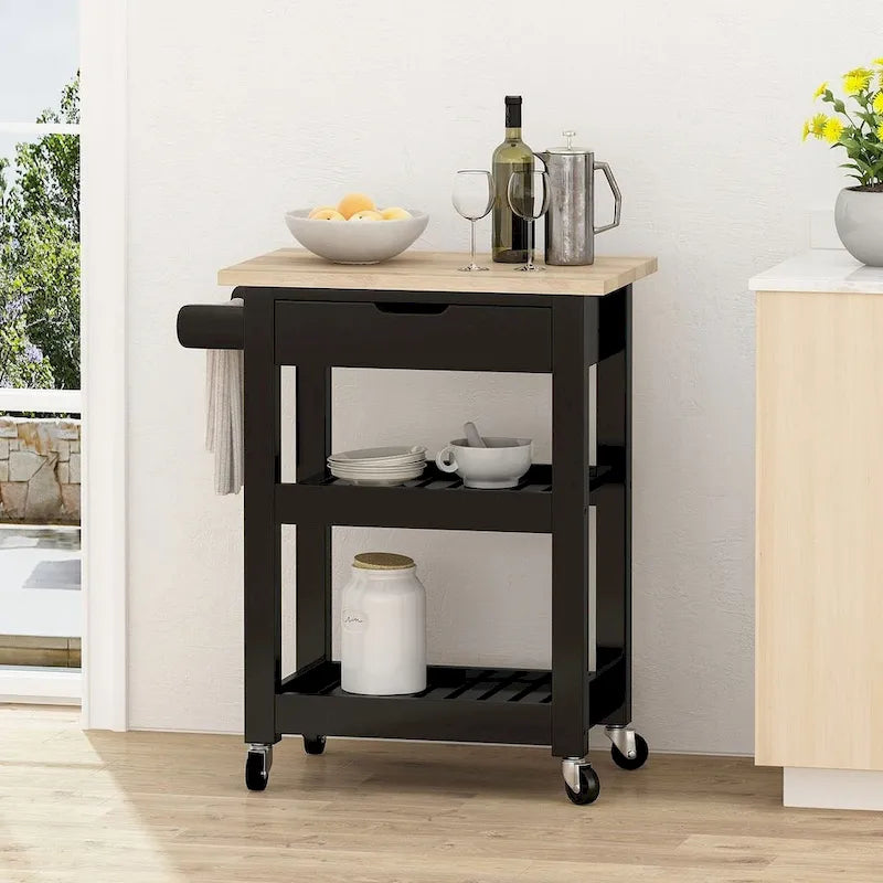 Compact Rolling Kitchen Cart with Rubberwood Top Drawer 2 Slatted Shelves and Towel Rack