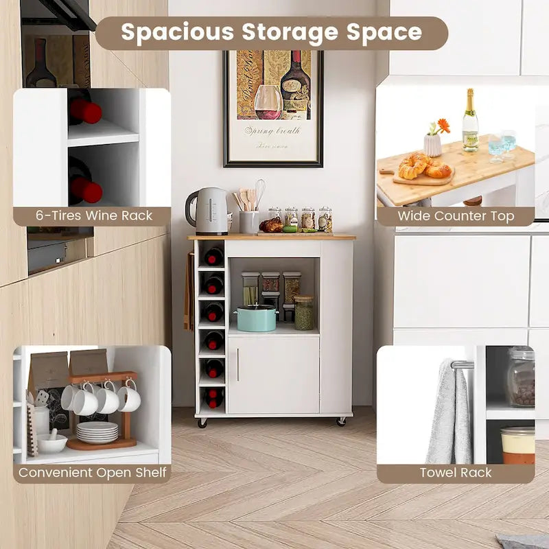 White Rolling Kitchen Cart with Wine Rack Cabinet and Bamboo Countertop