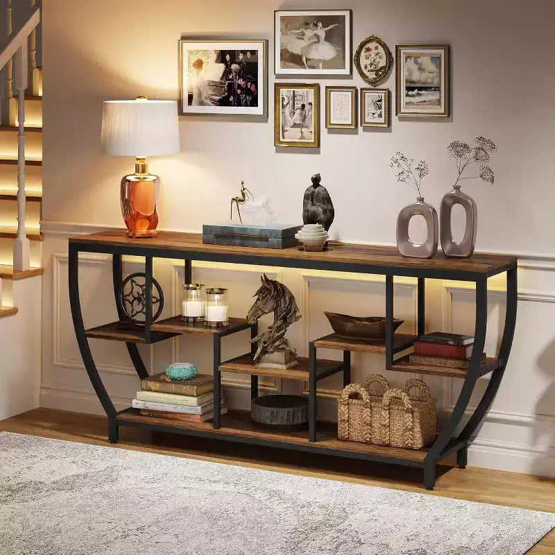 70.9 Long Sofa Console Table �C Brown Wood Top, Black Metal Frame, 7 Shelves