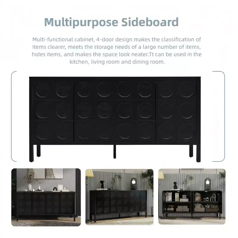 Sideboard Buffet Cabinet With Storage,Wood Coffee Bar Cabinet,Console Storage Cupboard With 4 Geometric Circular Design Doors,Buffet Cabinet Black