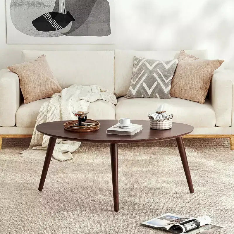 Mid-Century Modern 33.46 W Solid Oak Wood Oval Coffee Table with Three Legs