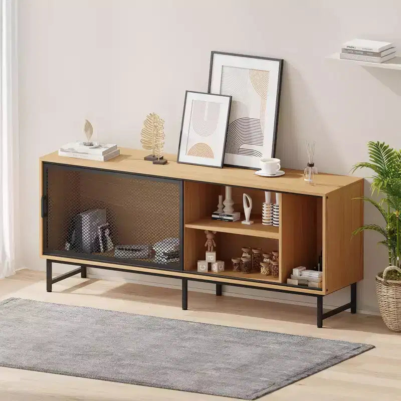 Industrial TV Stand with Sliding Mesh Doors and Wood Shelves