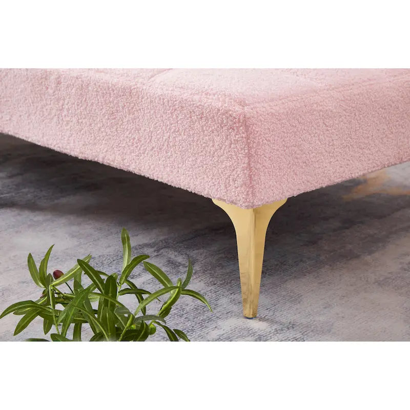 Pink Teddy Chenille Sofa Bed | 3-Position Futon | Solid Wood Frame | 300 lb | Gold Legs