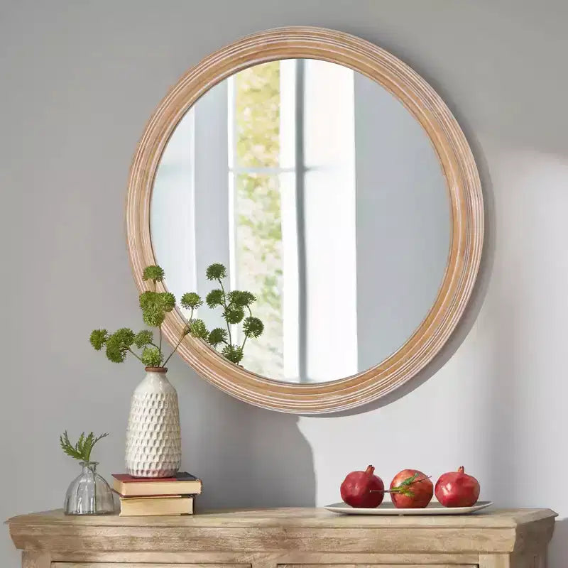 TUYOHW Farmhouse Wood Decorative Wall Mirror with Whitewash Edge,Vanity Circle Mirror for Bedroom,Living Room