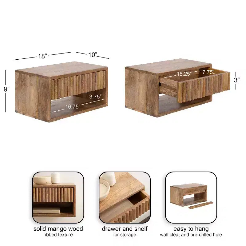 Kate and Laurel Reid Floating Wood Side Table with Open Storage, 18x10x9, Natural
