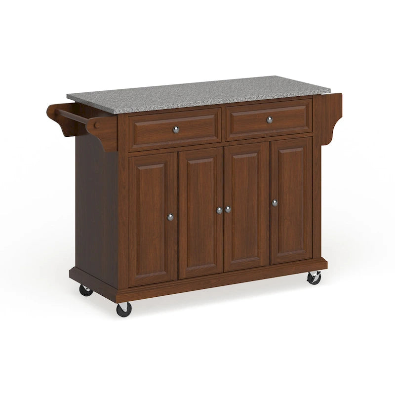 Cherry Rolling Kitchen Cart with Gray Granite Top 3 Cabinets 2 Drawers and Spice Rack