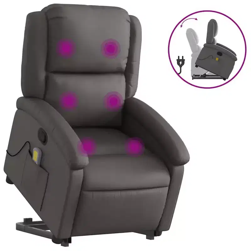 vidaXL Gray Real Leather Power Lift Massage Recliner - Electric Motor Stand-Up Armchair, Manual Tilt, Vibration Massage, Foam Padded
