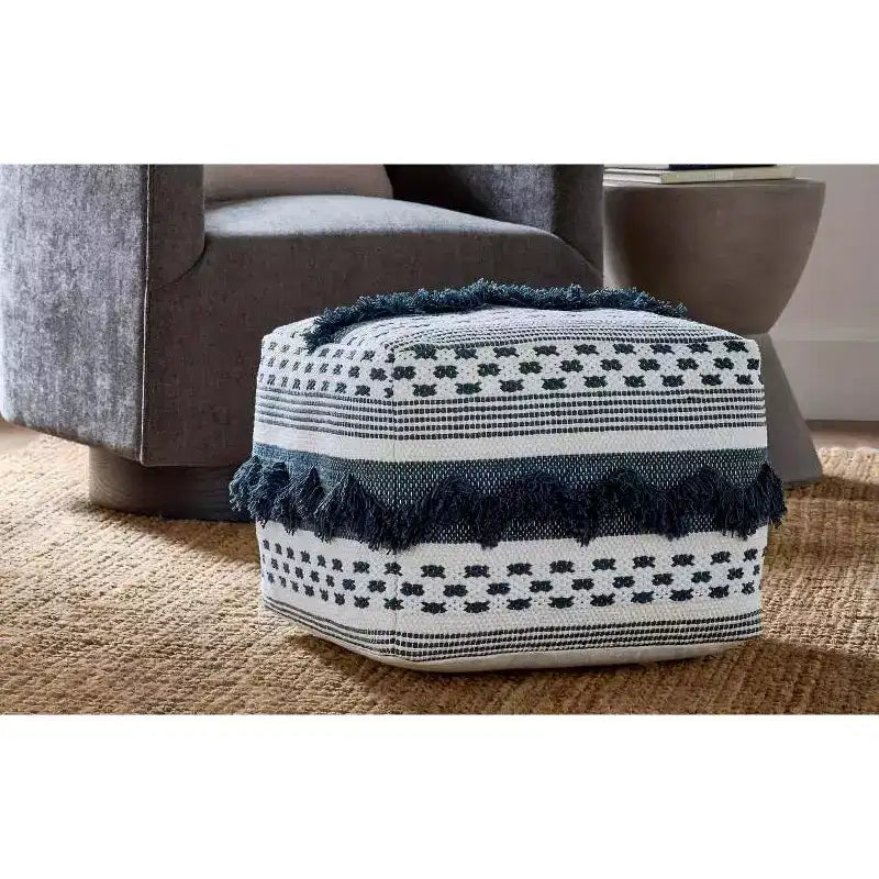 Bowden Hand Woven Square Cotton Pouf Ottoman in Grey and Ivory