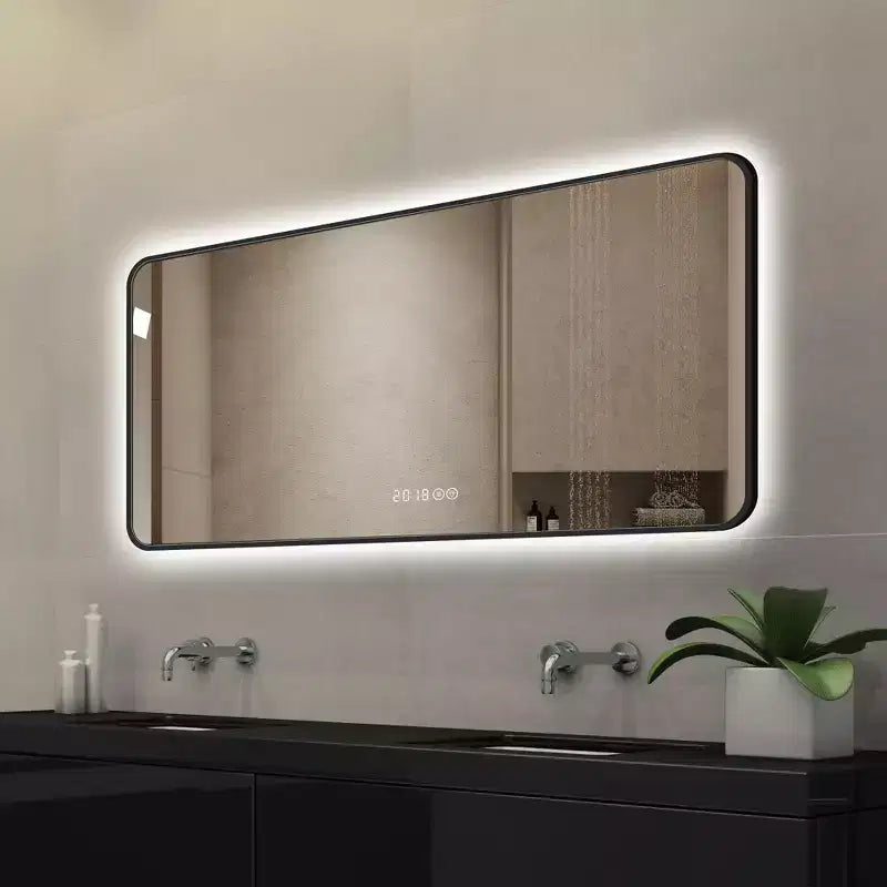 48 x 24 Inch Black Aluminum Alloy Frame Bathroom Vanity Mirror with Temperature Display Tri Color Light Defogging