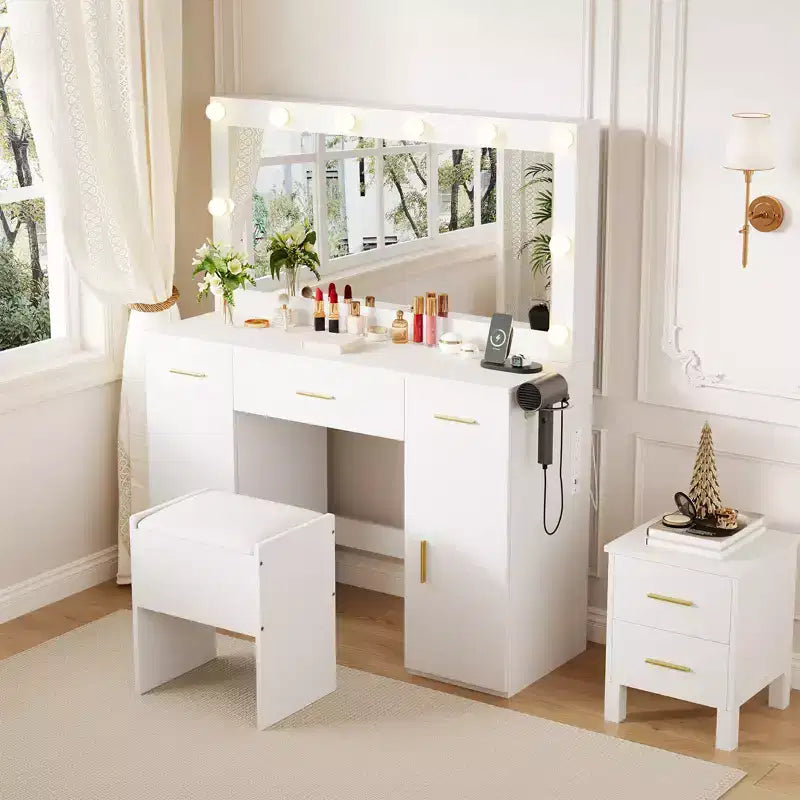 GustoWave 45 Vanity Desk with Large Mirror, White Makeup Table with 3 Drawers & 2 Cabinets, Hidden Storage Stool for Bedroom