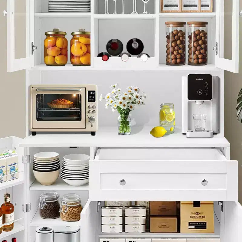 68 Inch Kitchen Pantry Cabinet, Freestanding Kitchen Hutch Cabinet with Wine Rack, Drawer and Door Shelves